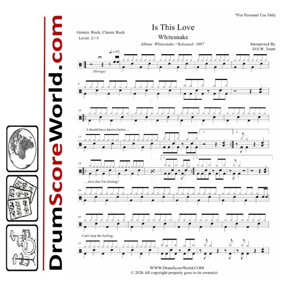 Whitesnake - Is This Love | Drum Sheet + Play-Along Track